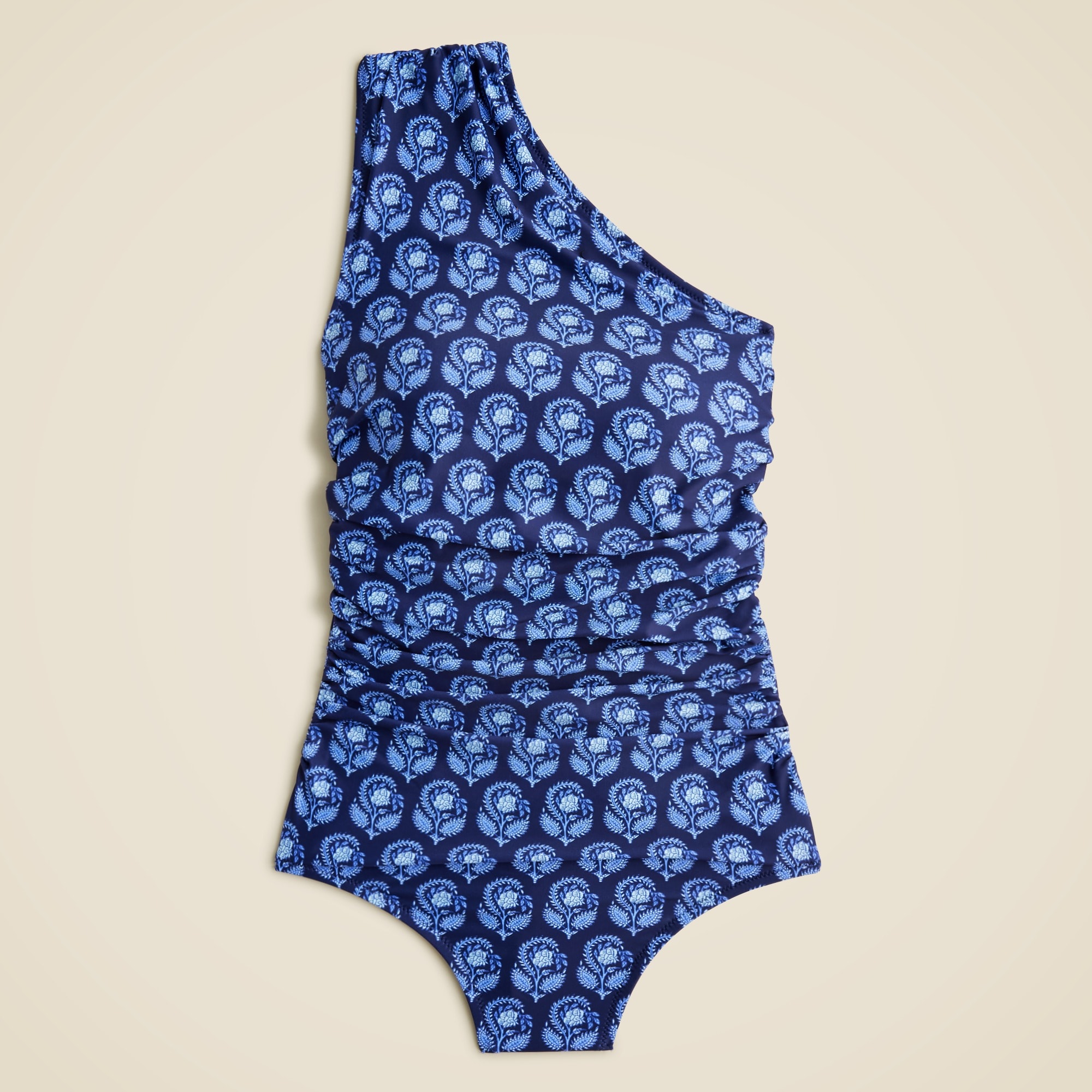  Ruched one-shoulder one-piece swimsuit in navy bouquet block print