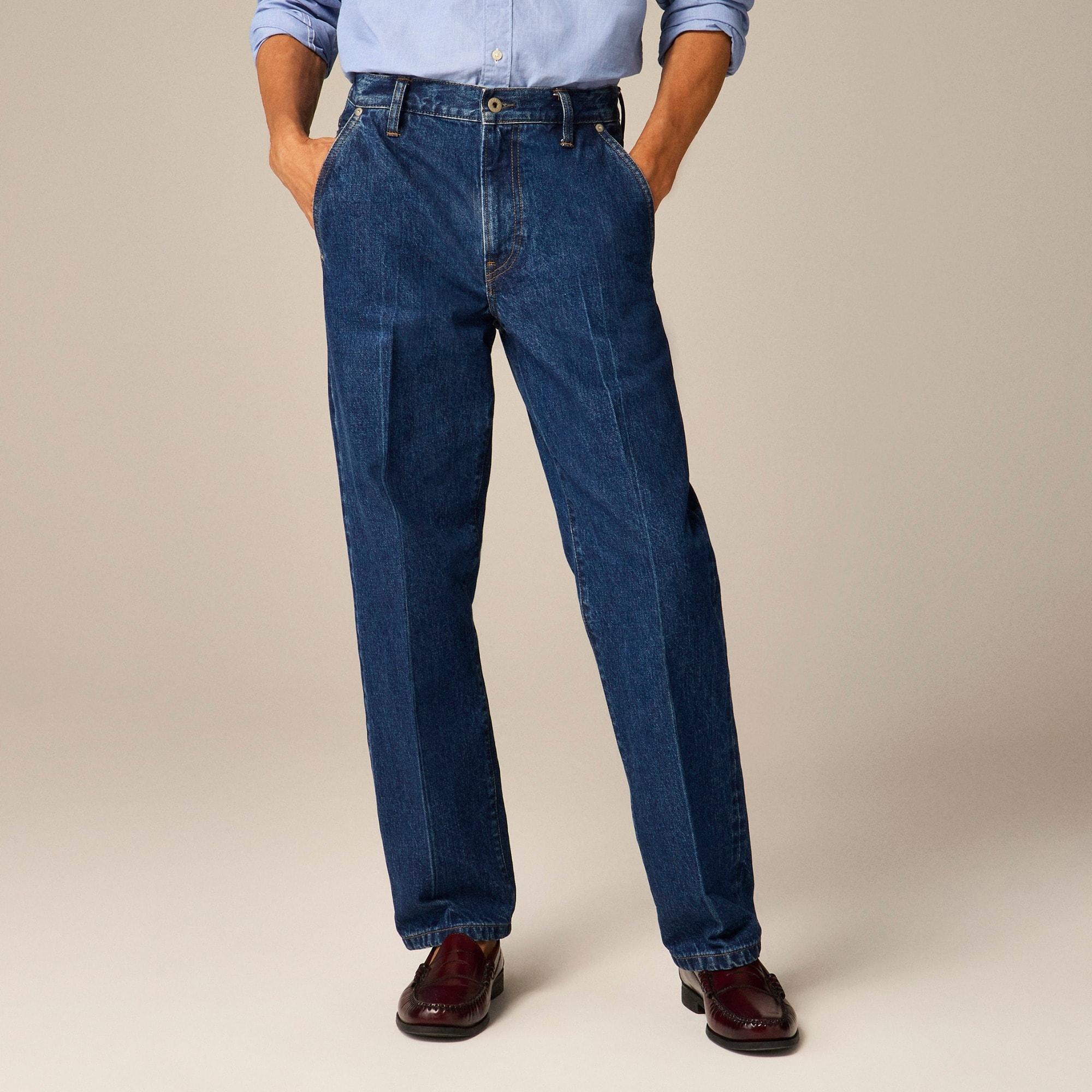 mens Wallace &amp; Barnes creased slant-pocket jean in Japanese selvedge denim