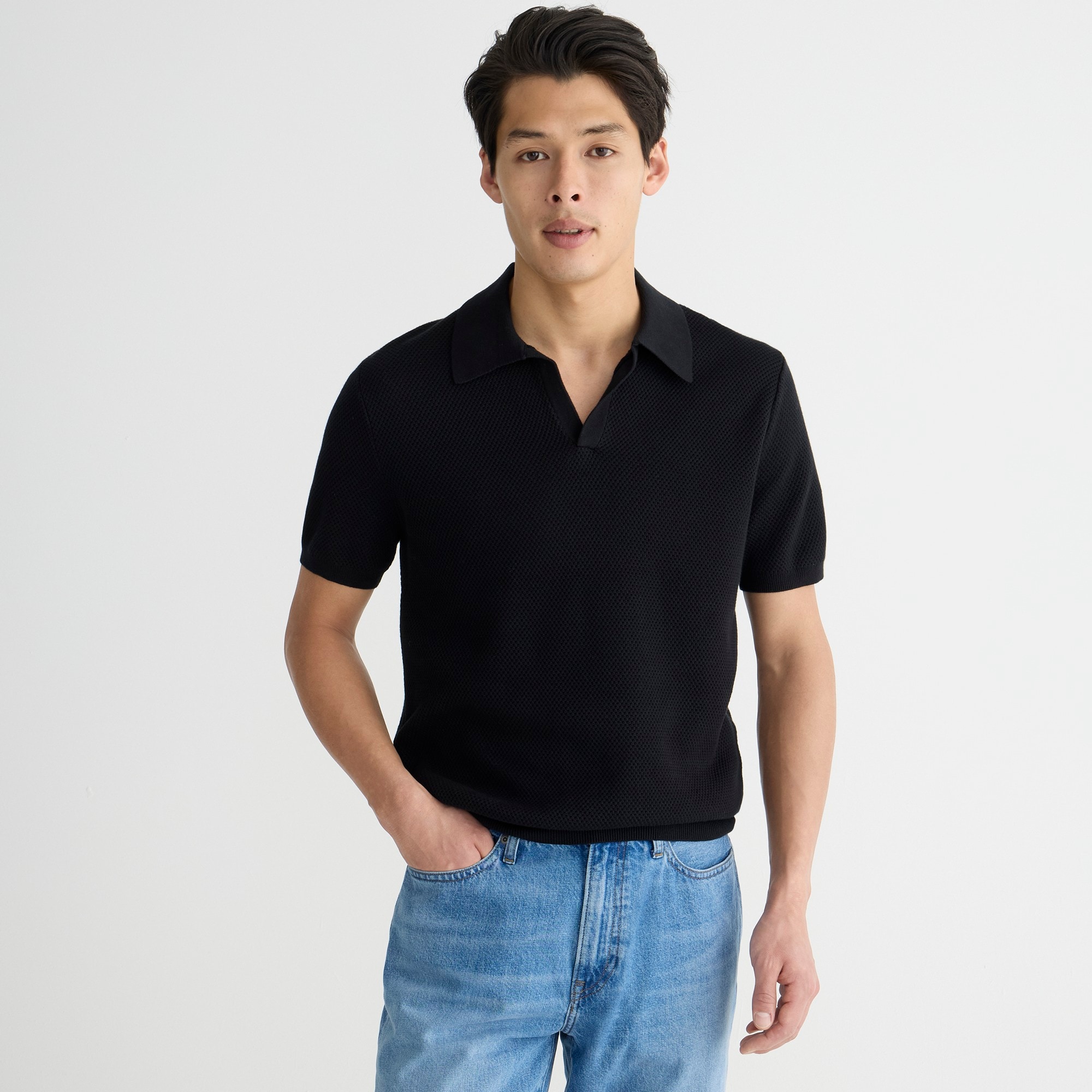 mens Short-sleeve cotton mesh-stitch johnny-collar sweater-polo