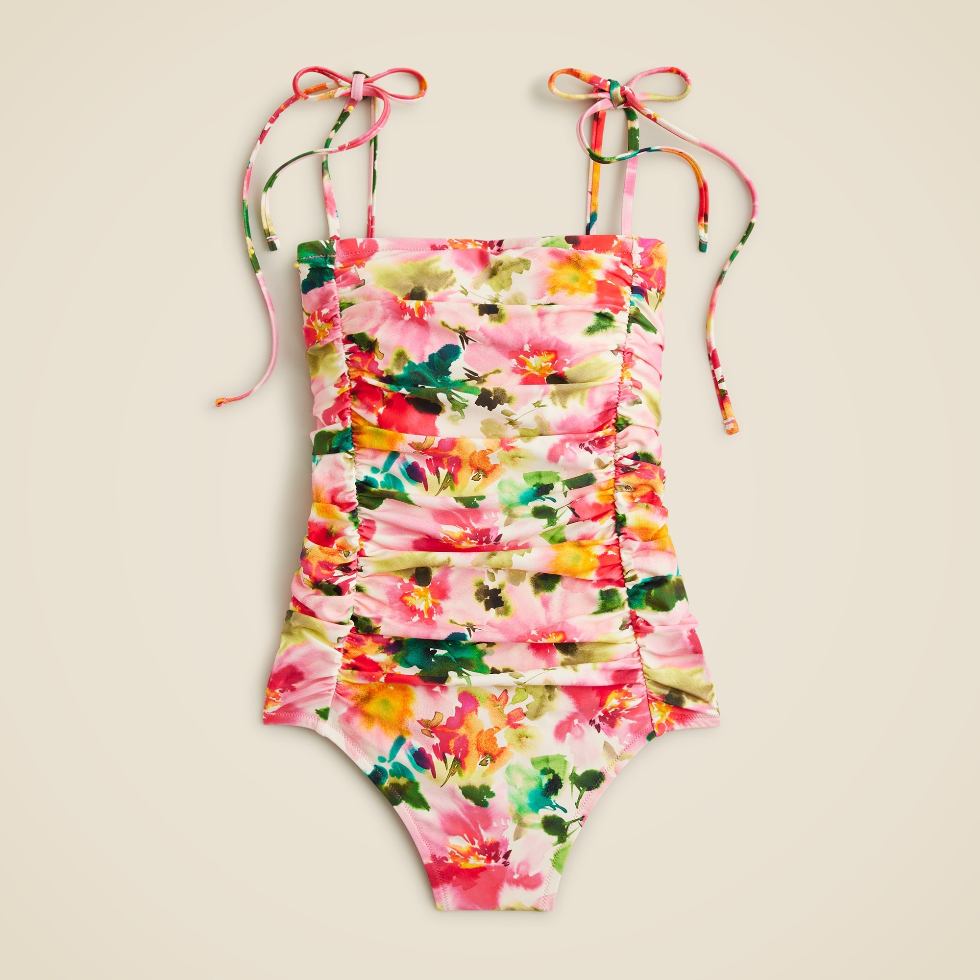  Ruched tie-shoulder one-piece swimsuit in floral