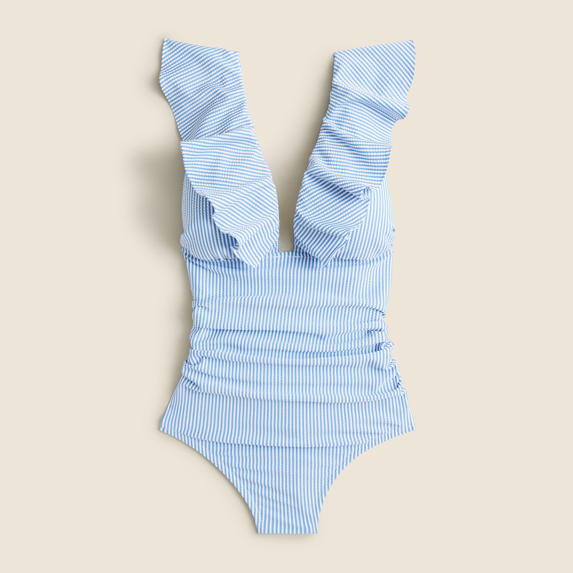  Ruched ruffle one-piece swimsuit in seersucker