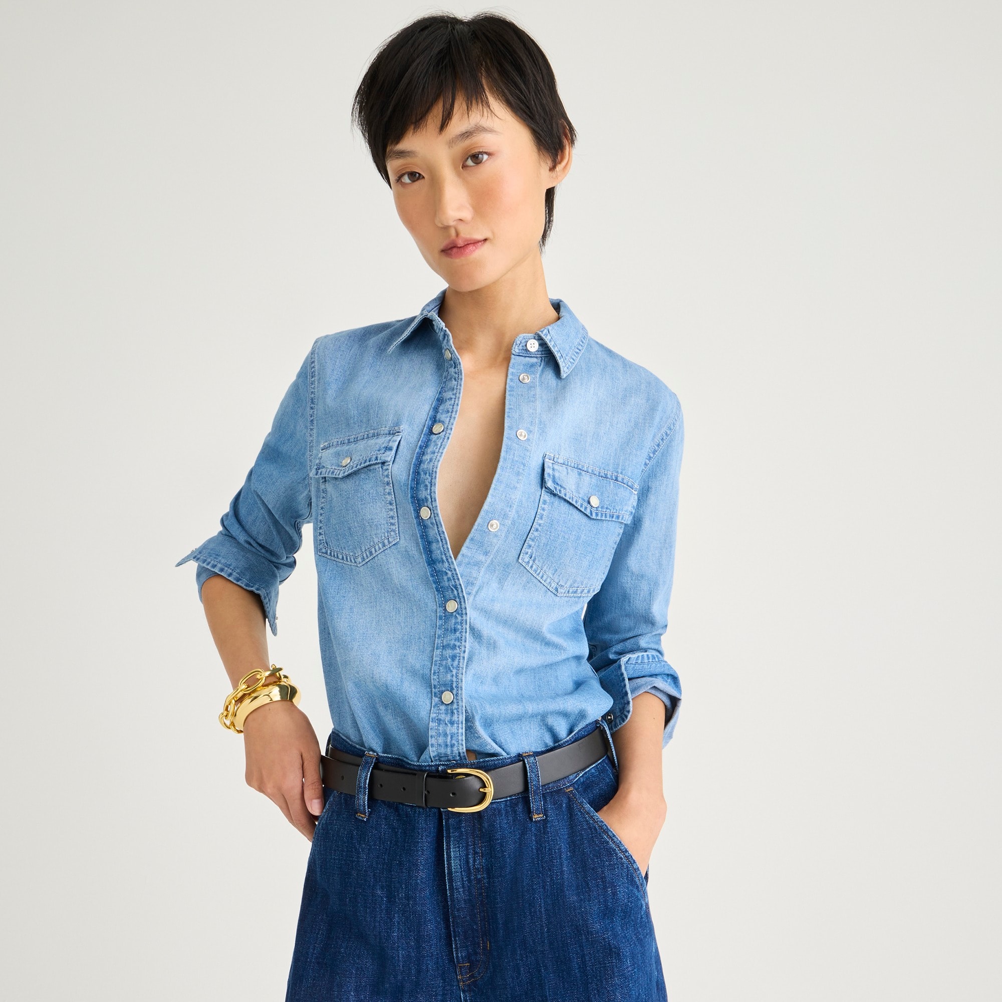 womens Petite Wren slim western shirt in light wash chambray