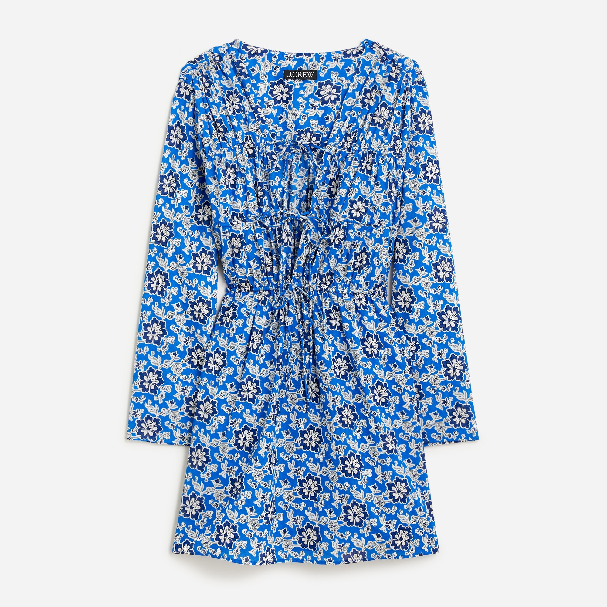  Tiered tie-front beach dress in cobalt floral cotton voile