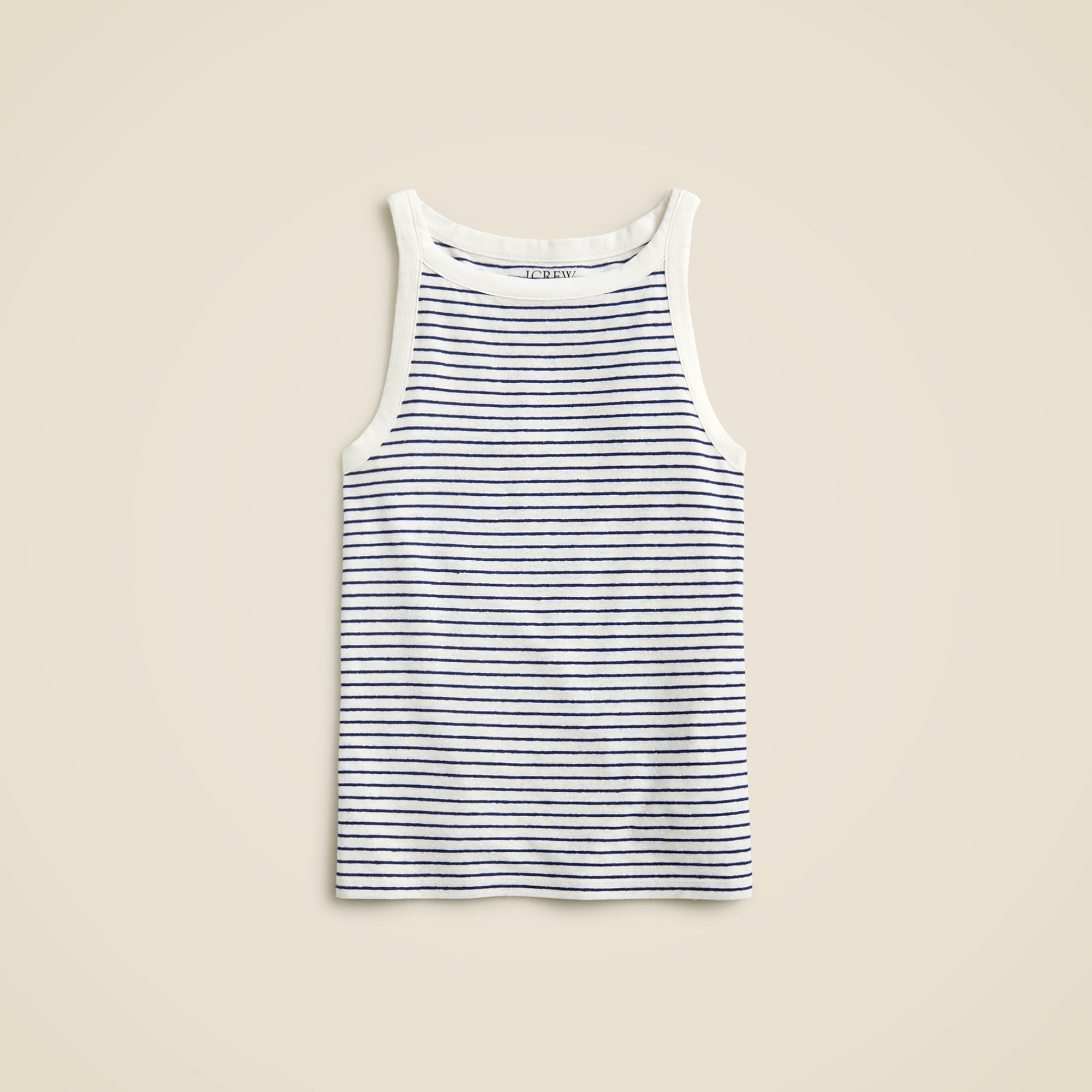  High-neck tank top in striped stretch linen blend