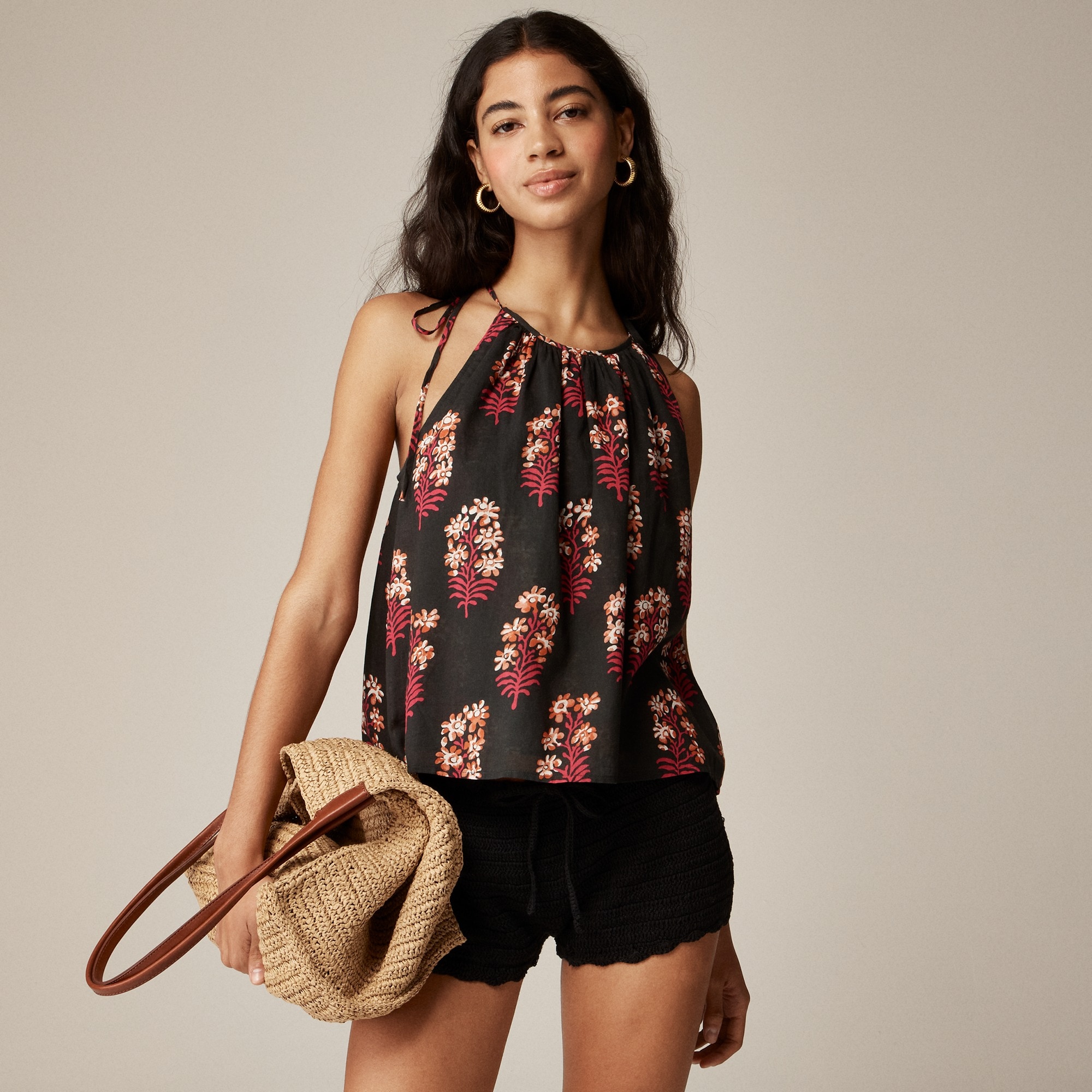 womens Tie-shoulder tank top in cocoa block-print cotton voile