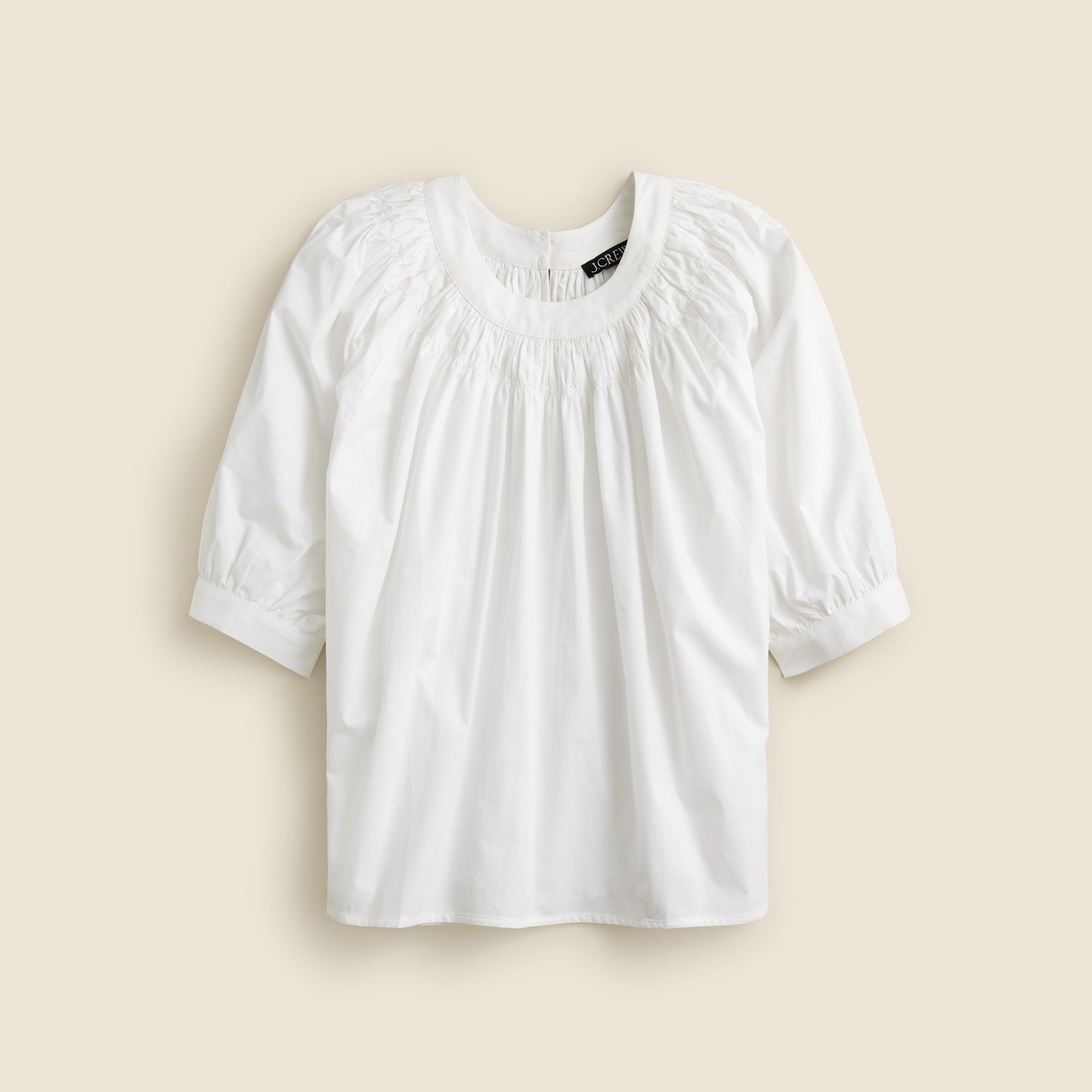  Smock-neck puff-sleeve top in cotton poplin