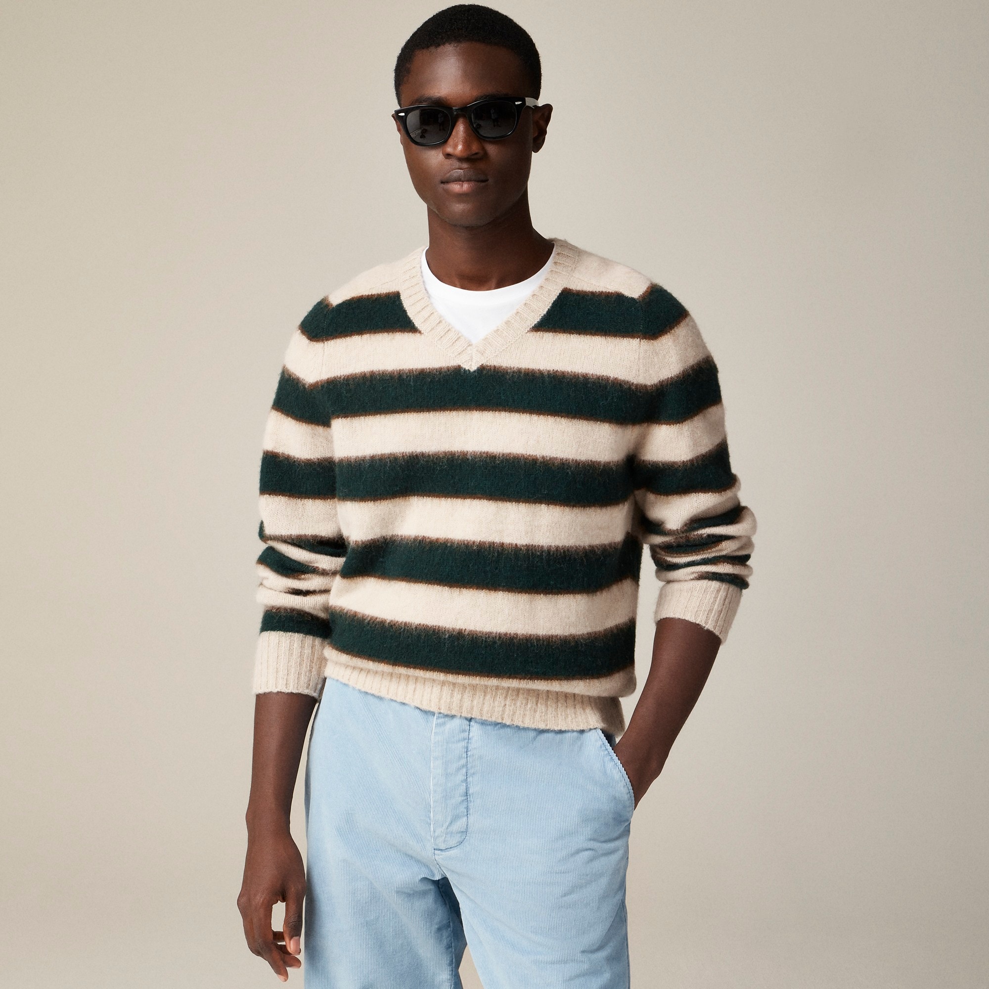 mens Brushed wool V-neck sweater in stripe