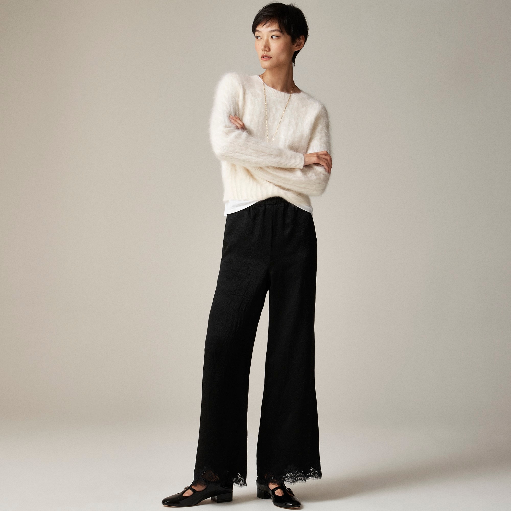 womens Tall Stratus lace-trim pant in textured satin