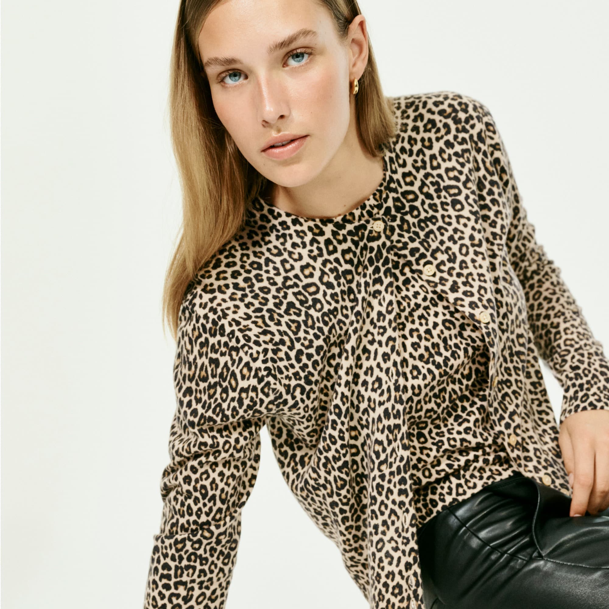 womens Featherweight cashmere shrunken cardigan sweater in leopard print