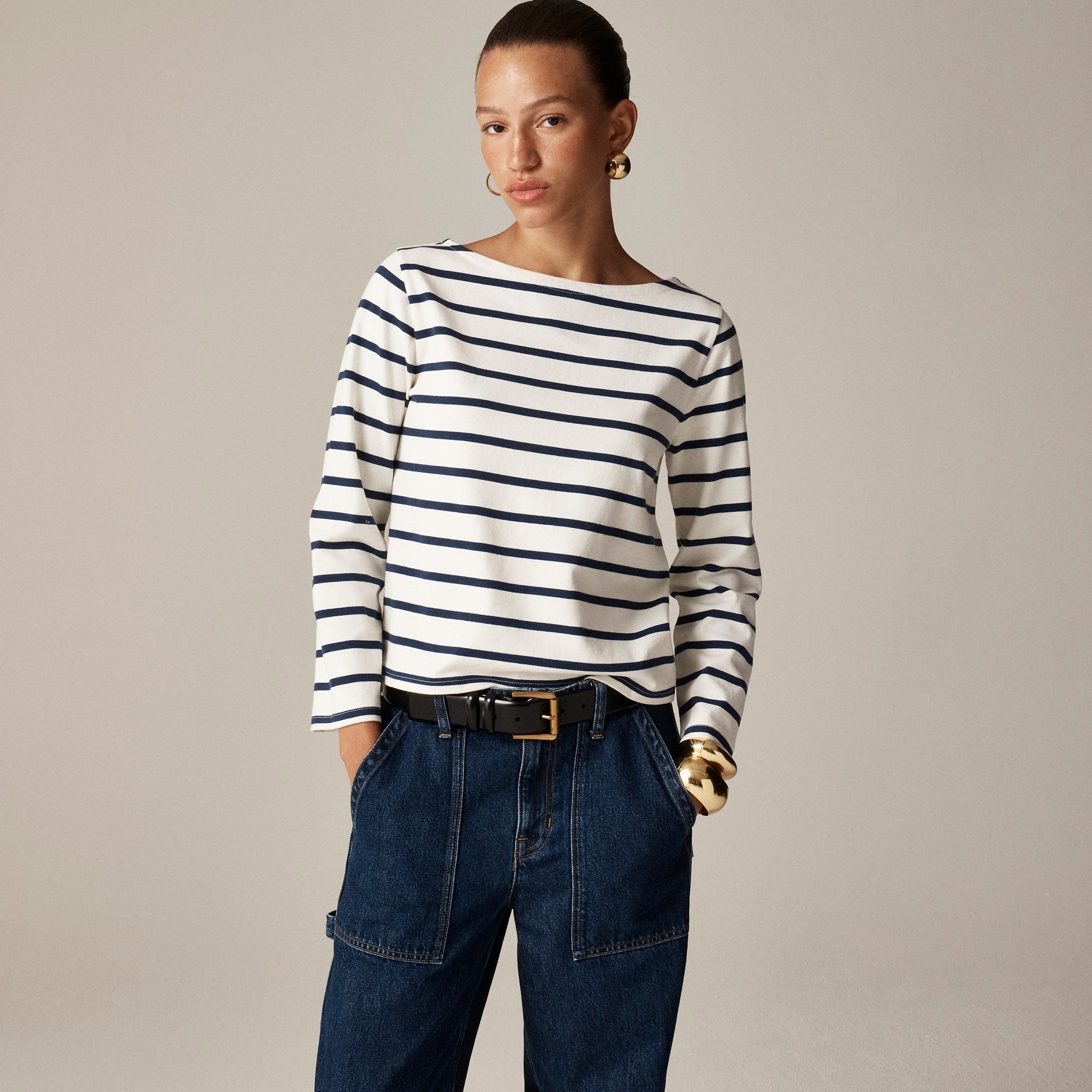 womens Long-sleeve boatneck T-shirt in mariner jersey